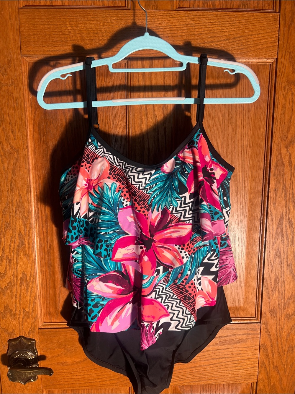 Tropical Floral Ruffled One-Piece Swimsuit - Pink & Teal